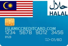 Islamic credit card beside Malaysian ringgit banknotes and a Kuala Lumpur skyline
