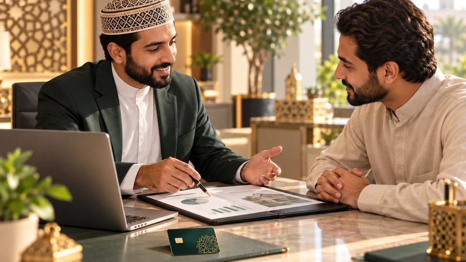 Schéma reliant émetteur, commerçant et titulaire avec une carte islamique et un acte de garantie