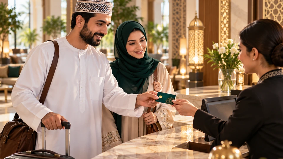 أوراق من الريال العُماني بجانب بطاقة مصرفية إسلامية في متجر بمسقط